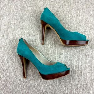 Michael Kors teal peep suede peep toe plat form heels size 6